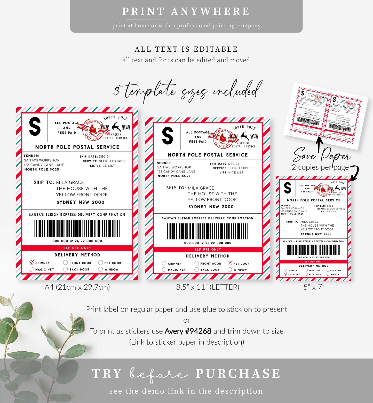 Santa's Workshop Pink Multi | Printable Christmas Shipping Label Template