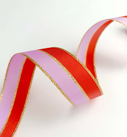 Lilac Red Gold Striped Ribbon, 25mm Wide Striped Ribbon, Christmas Decorations Craft and Wrap, Bows Presents Wrapping Ribbon