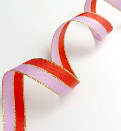 Lilac Red Gold Striped Ribbon, 25mm Wide Striped Ribbon, Christmas Decorations Craft and Wrap, Bows Presents Wrapping Ribbon