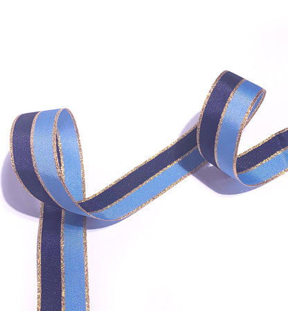 Navy Blue Gold Striped Ribbon, 25mm Wide Striped Ribbon, Christmas Decorations Craft and Wrap, Bows Presents Wrapping Ribbon