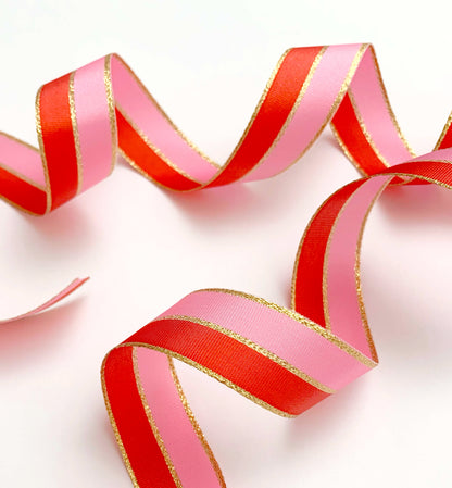 Pink Poppy Red Gold Striped Ribbon, 25mm Wide Striped Ribbon, Christmas Decorations Craft and Wrap, Bows Presents Wrapping Ribbon