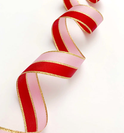 Red Pink Gold Striped Ribbon, 25mm Wide Striped Ribbon, Christmas Decorations Craft and Wrap, Bows Presents Wrapping Ribbon