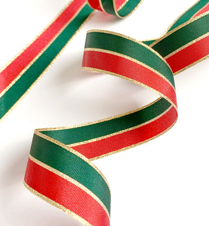 Red Green Gold Striped Ribbon, 25mm Wide Striped Ribbon, Christmas Decorations Craft and Wrap, Bows Presents Wrapping Ribbon