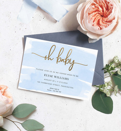 Watercolour Blue | Printable Oh Baby Shower Invitation Template