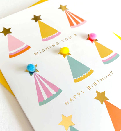 Party Hats Pom-Pom Birthday Greeting Card, Unisex Birthday Greeting Card, Funny Birthday Greeting Card, Gold Foil Birthday Card