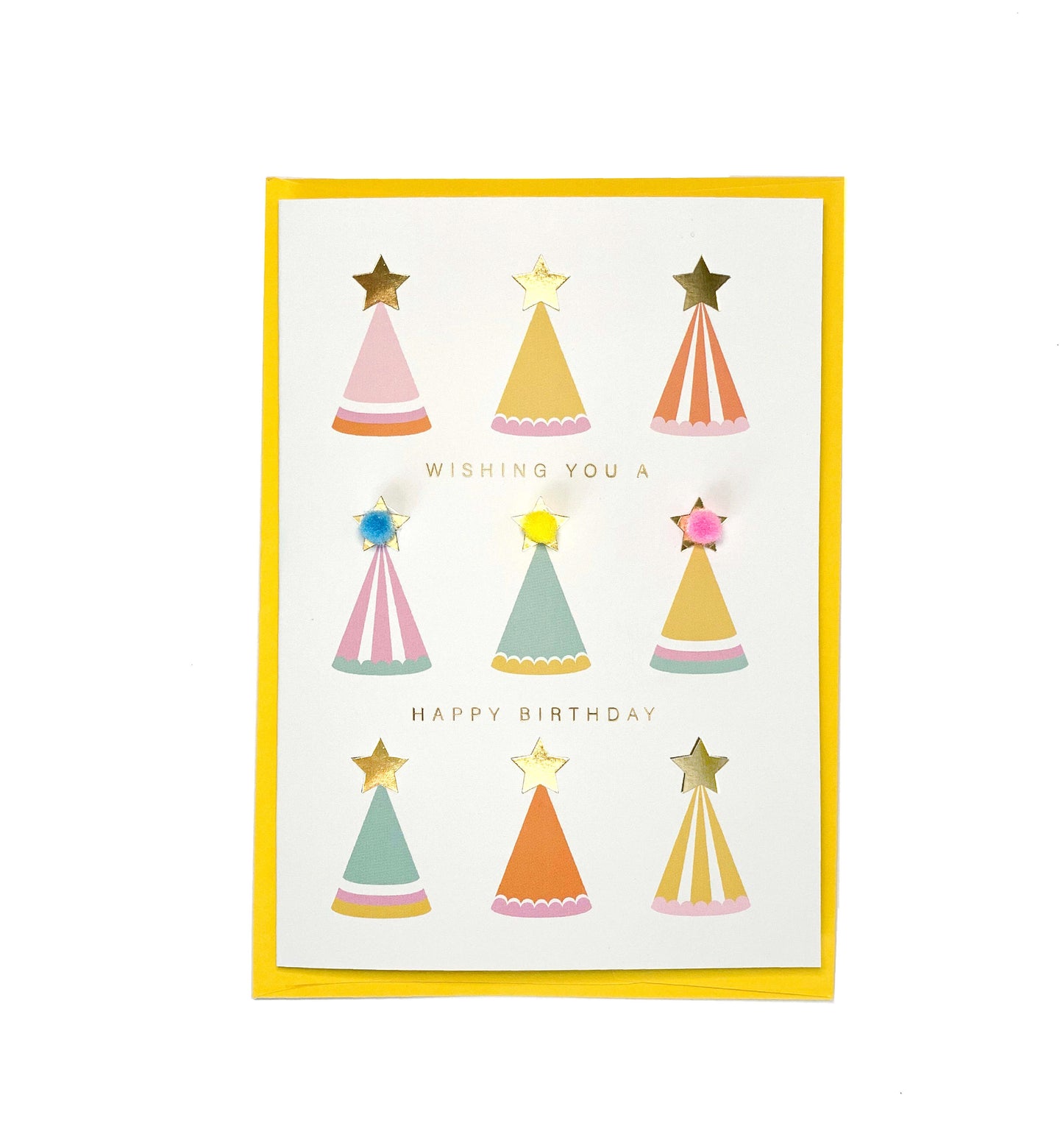 Party Hats Pom-Pom Birthday Greeting Card, Unisex Birthday Greeting Card, Funny Birthday Greeting Card, Gold Foil Birthday Card