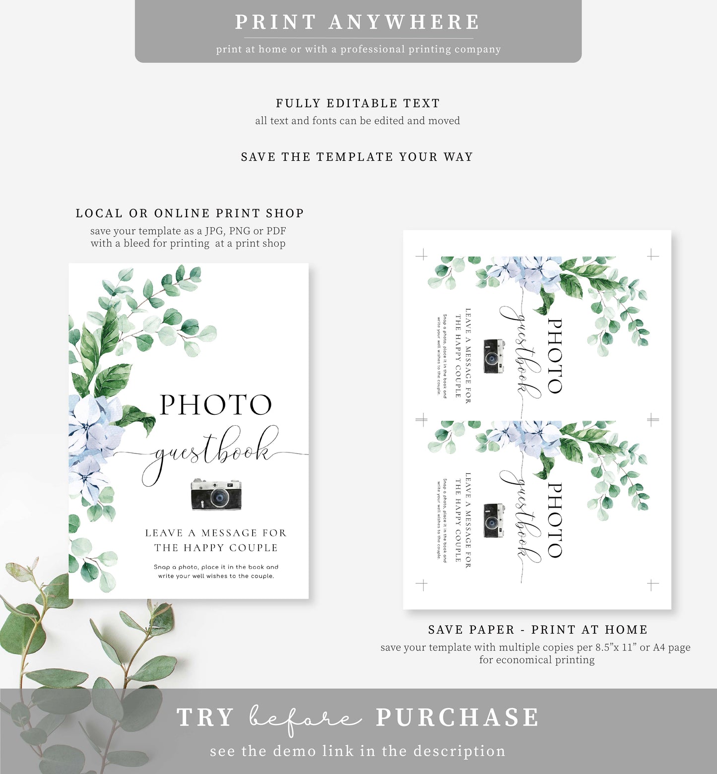 Ferras Blue | Printable Photo Guestbook Sign Template