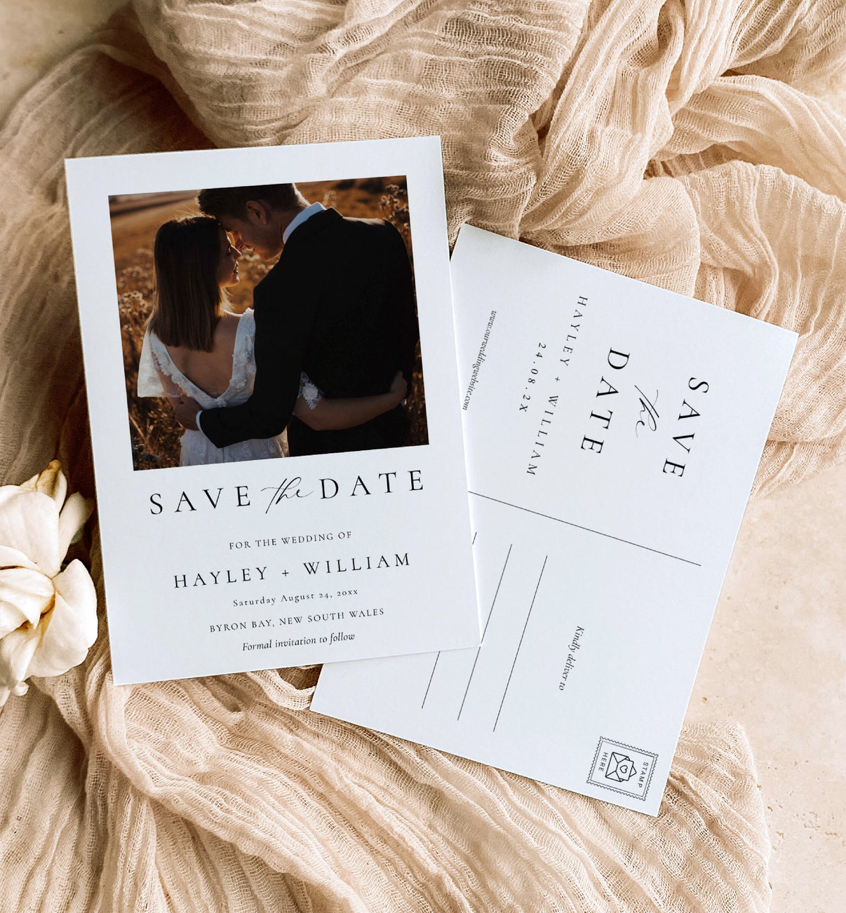 Ellesmere White | Printable Photo Save The Date Postcard Template ...