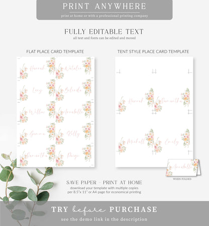 Millie Floral White | Printable Place Cards Template