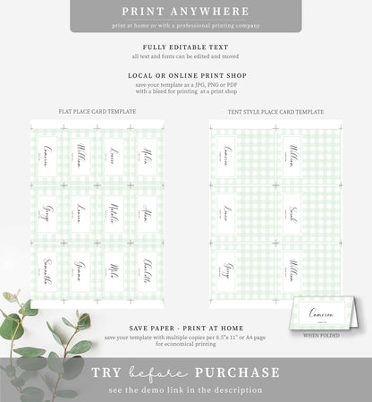 Gingham Green | Printable Place Cards Template