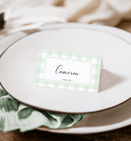 Mint Green Gingham Place Card Template, Printable Baby Shower Names Cards, Escort Cards, Wedding Name Cards, Gender Neutral Baby Shower