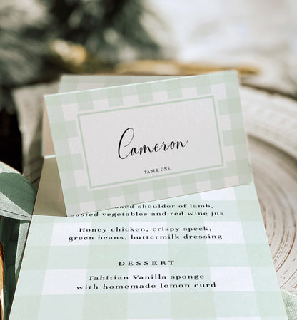 Mint Green Gingham Place Card Template, Printable Baby Shower Names Cards, Escort Cards, Wedding Name Cards, Gender Neutral Baby Shower