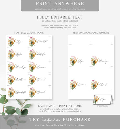 Mews Floral White | Printable Place Cards Template