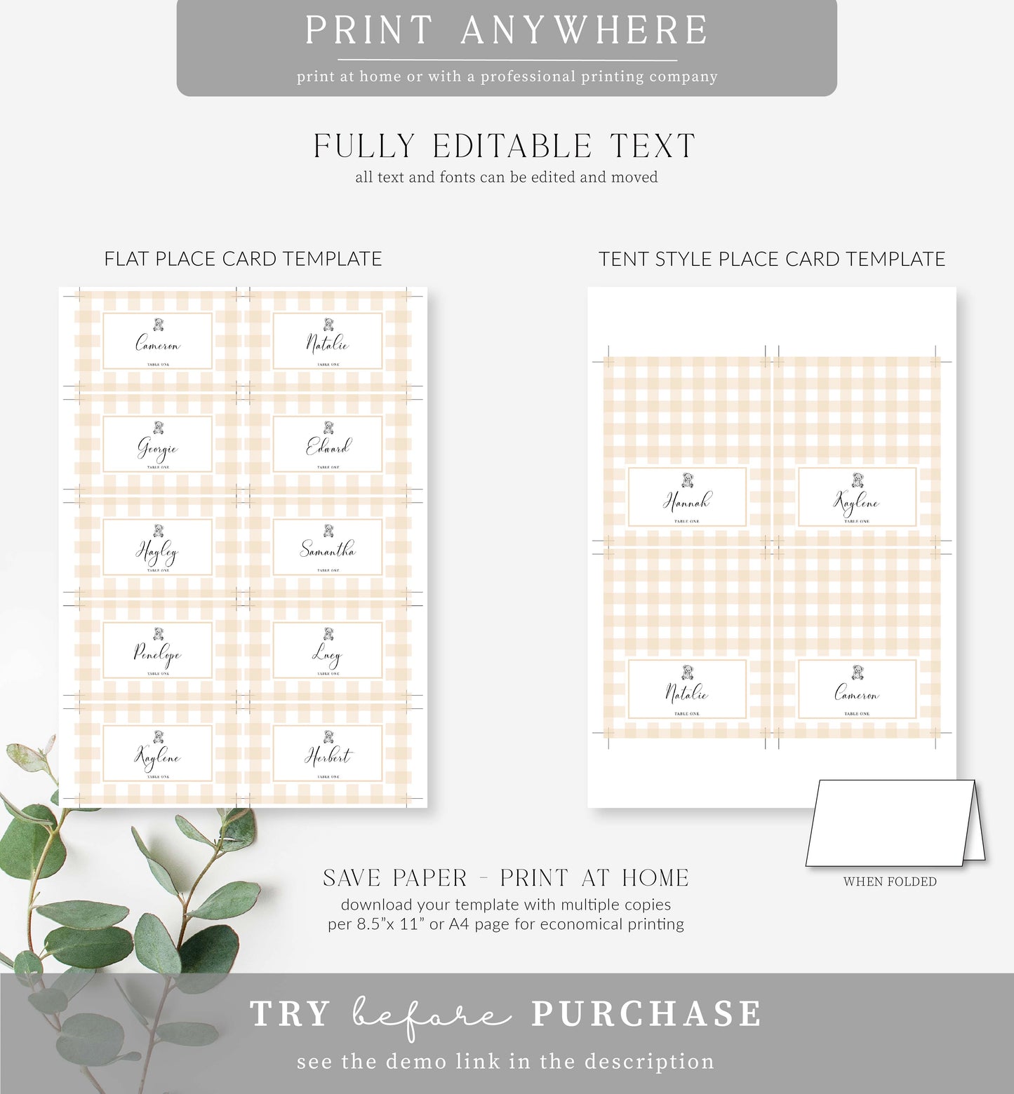 Gingham Tan Teddy Bear | Printable Place Cards Template