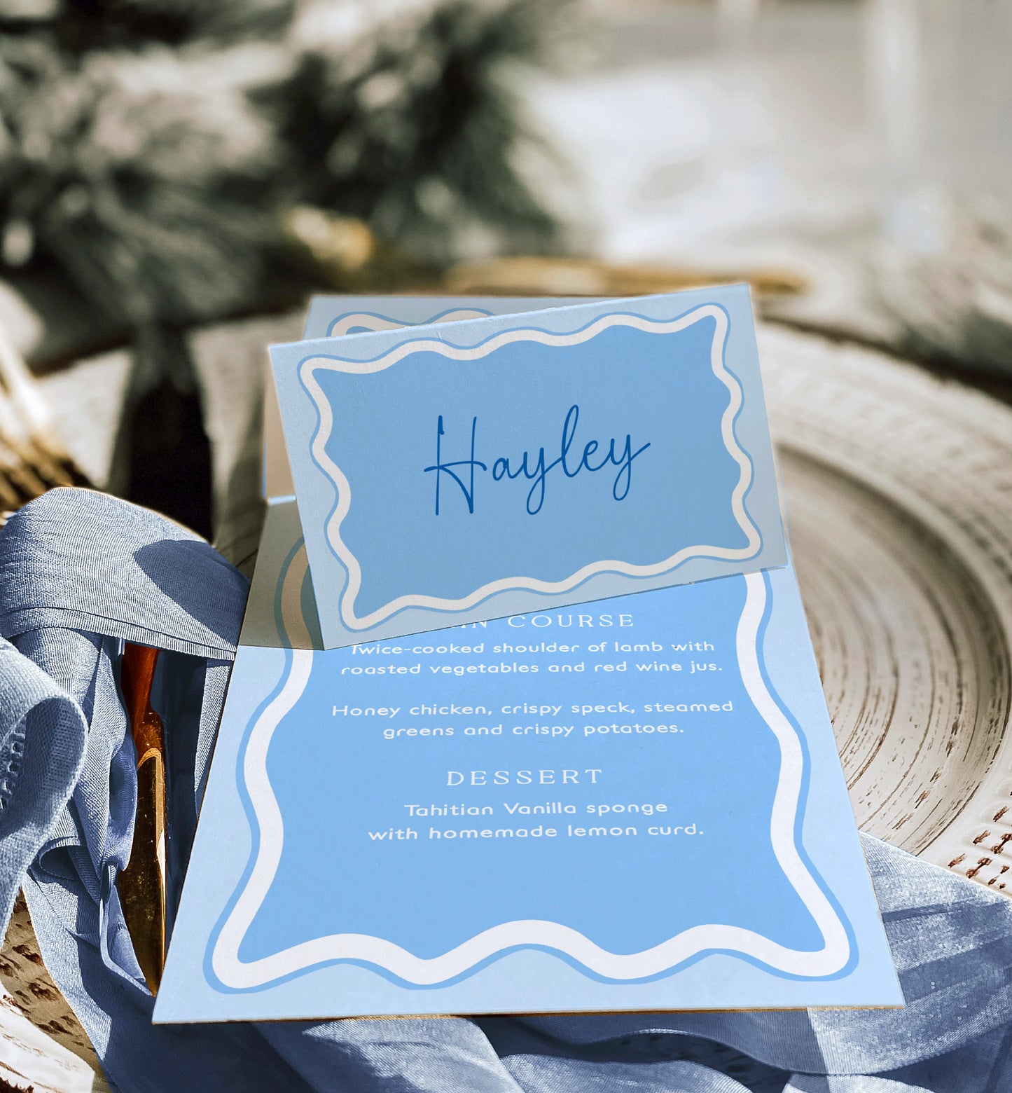 Printable Tent and Flat Style Pace Cards, Blue Wave Curvey Line, Editable Escort Cards, Boy Baby Shower Place Setting Cards, Name Cards