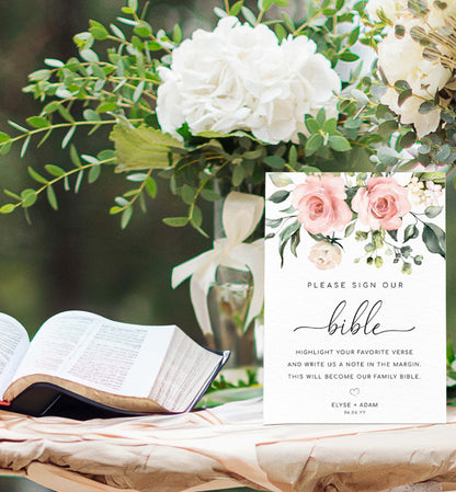 Printable Sign Our Bible Sign, Blue Floral Wedding Bible Guest Book Sign, Pink Roses Please Sign Our Guest Book Sign, Wedding Signage, Darcy