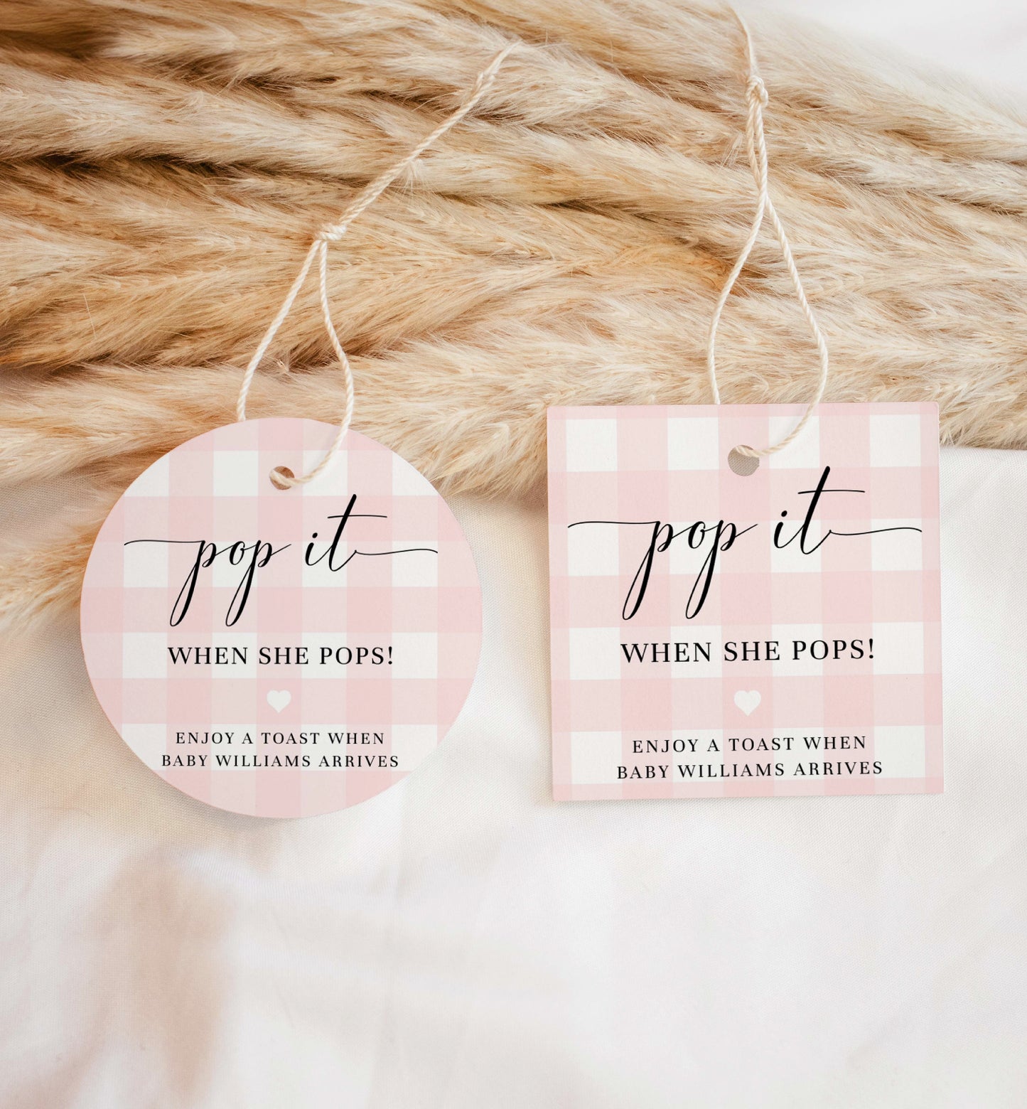 Pop It When She Pops Favor Tag and Label, Printable Pink Girl Baby Shower Champagne Pop It Favor Tag, Pink Gingham Mini Wine Bottle Label