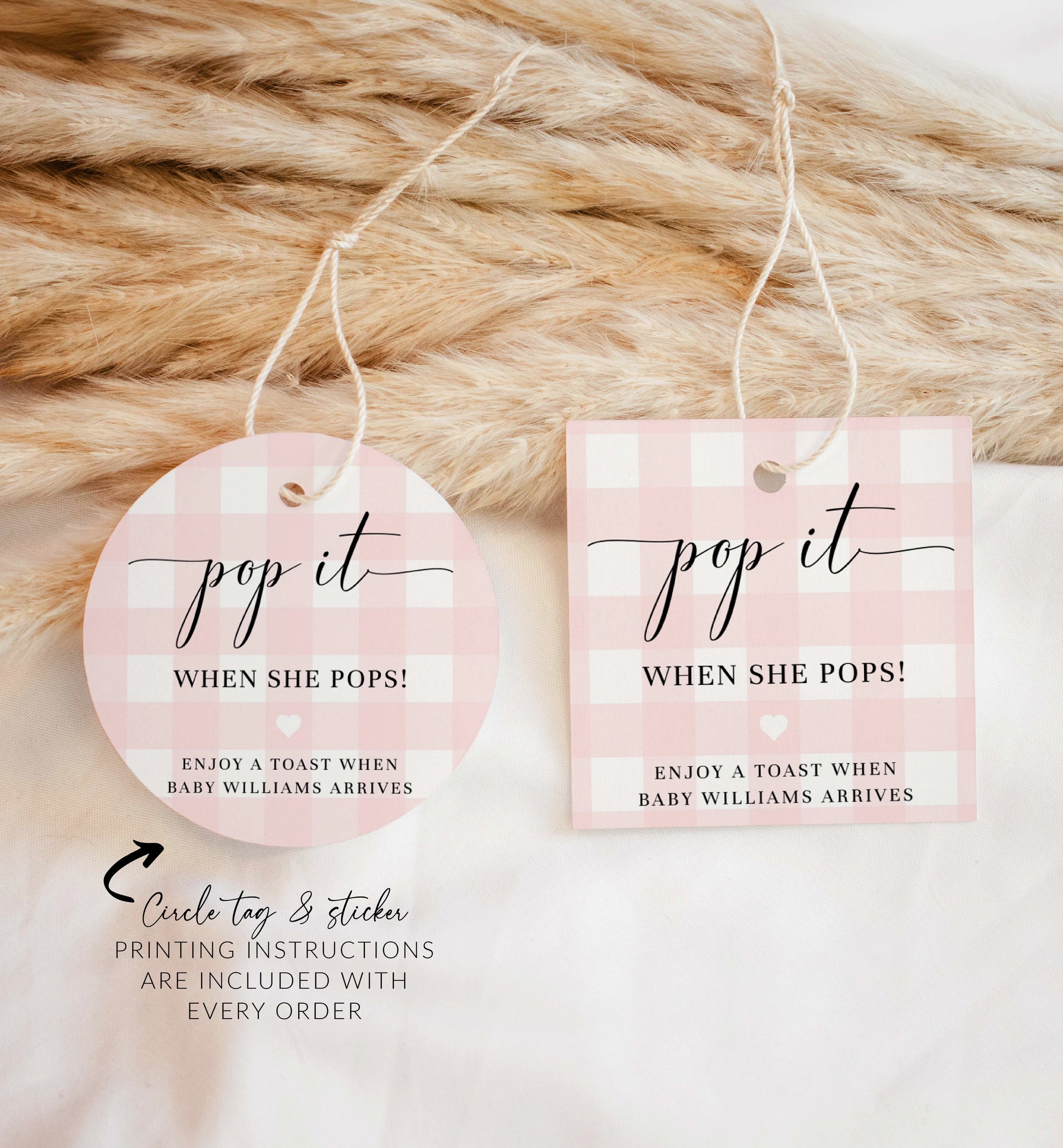 Pop It When She Pops Favor Tag and Label, Printable Pink Girl Baby Shower Champagne Pop It Favor Tag, Pink Gingham Mini Wine Bottle Label