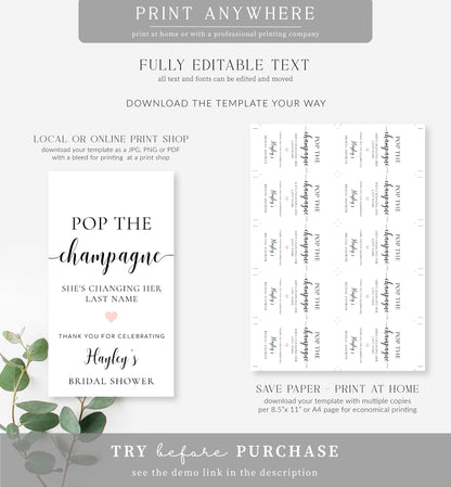 Leyton Script White | Printable Pop The Champagne Favour Tag Template