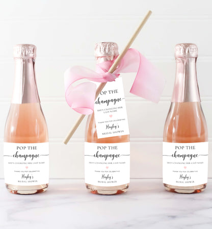 Pop The Champagne Bottle Printable Favor Tag, Modern Minimalist, Bridal Shower Changing Her Last Name Favor Tag, Mini Wine Bottle, Leyton