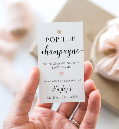 Pop The Champagne Bottle Printable Favor Tag, Modern Minimalist, Bridal Shower Changing Her Last Name Favor Tag, Mini Wine Bottle, Leyton