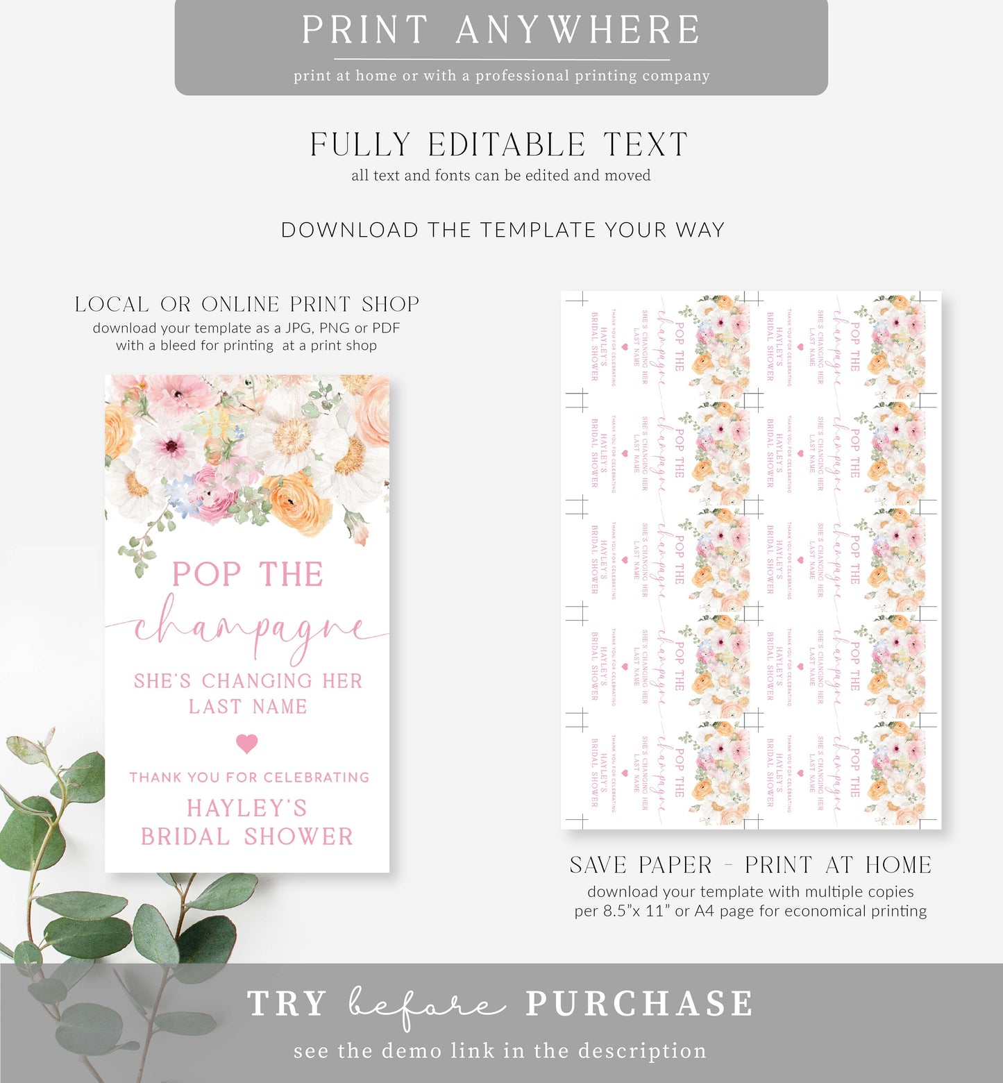 Millie Floral White | Printable Pop The Champagne Favour Tag Template