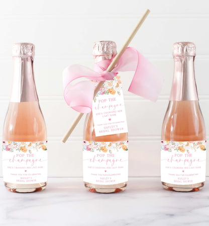 Pop The Champagne Bottle Printable Favor Tag, Spring Wildflowers, Bridal Shower Changing Her Last Name Favor Tag, Mini Wine Bottle, Millie