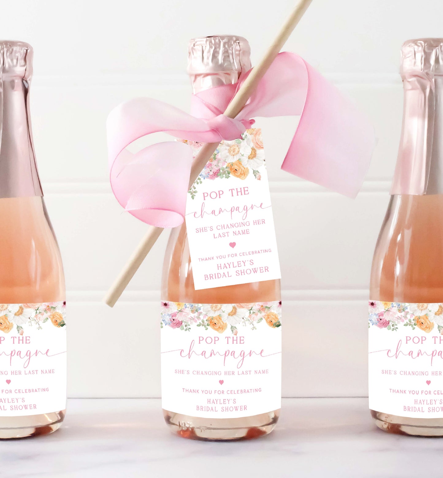 Pop The Champagne Bottle Printable Favor Tag, Spring Wildflowers, Bridal Shower Changing Her Last Name Favor Tag, Mini Wine Bottle, Millie