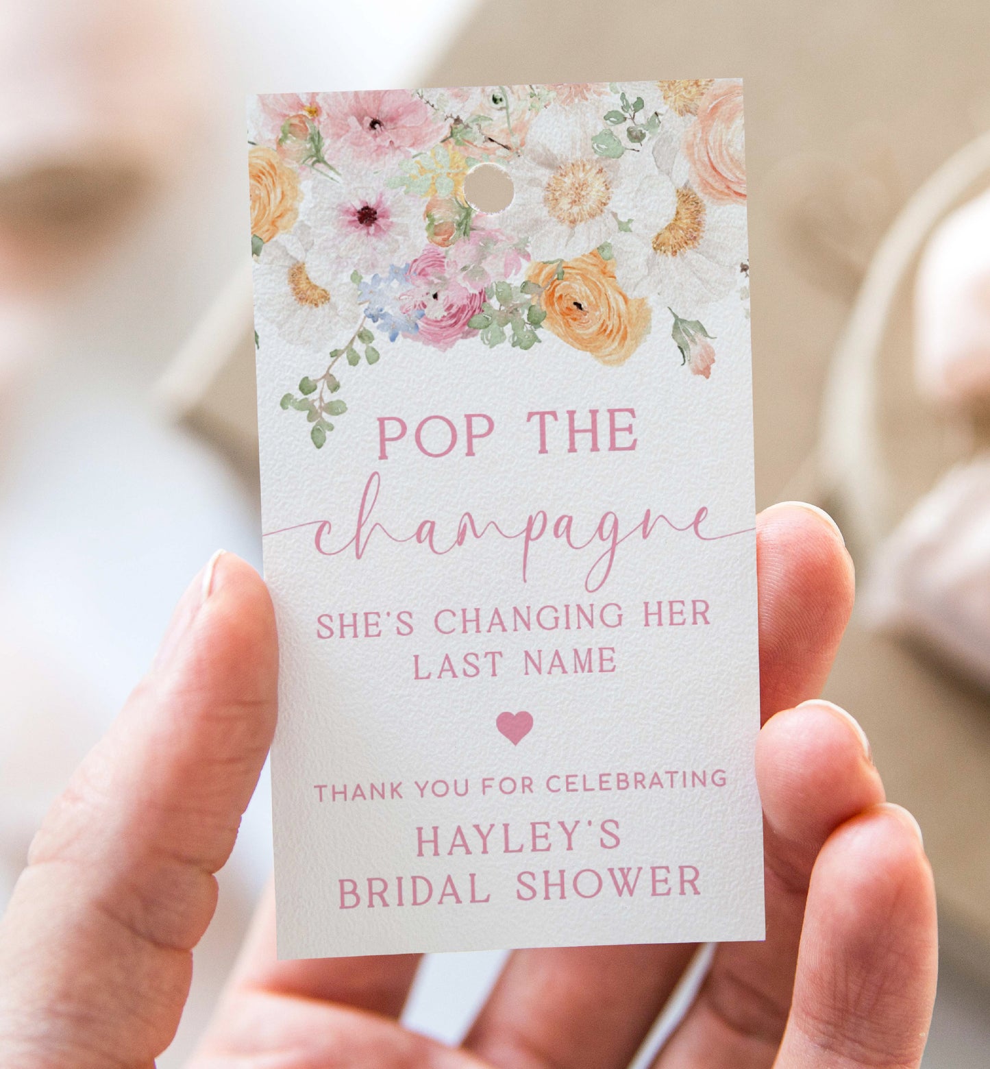 Pop The Champagne Bottle Printable Favor Tag, Spring Wildflowers, Bridal Shower Changing Her Last Name Favor Tag, Mini Wine Bottle, Millie