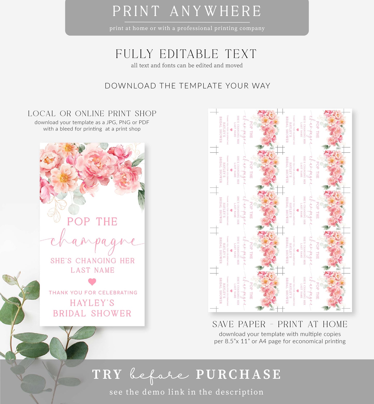 Piper Floral White | Printable Pop The Champagne Favour Tag Template