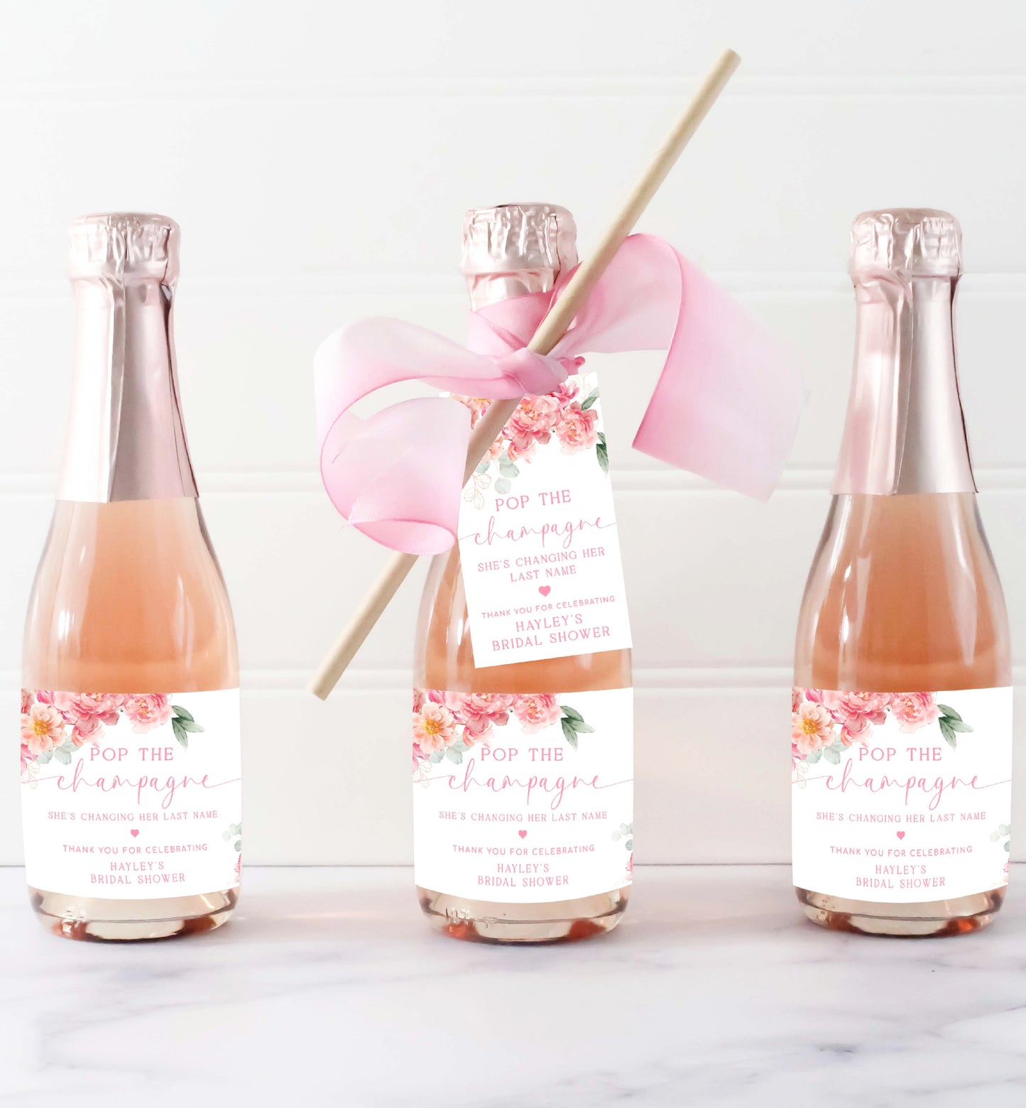 Pop The Champagne Bottle Printable Favor Tag, Blush Peony Flowers, Bridal Shower Changing Her Last Name Favor Tag, Mini Wine Bottle, Piper