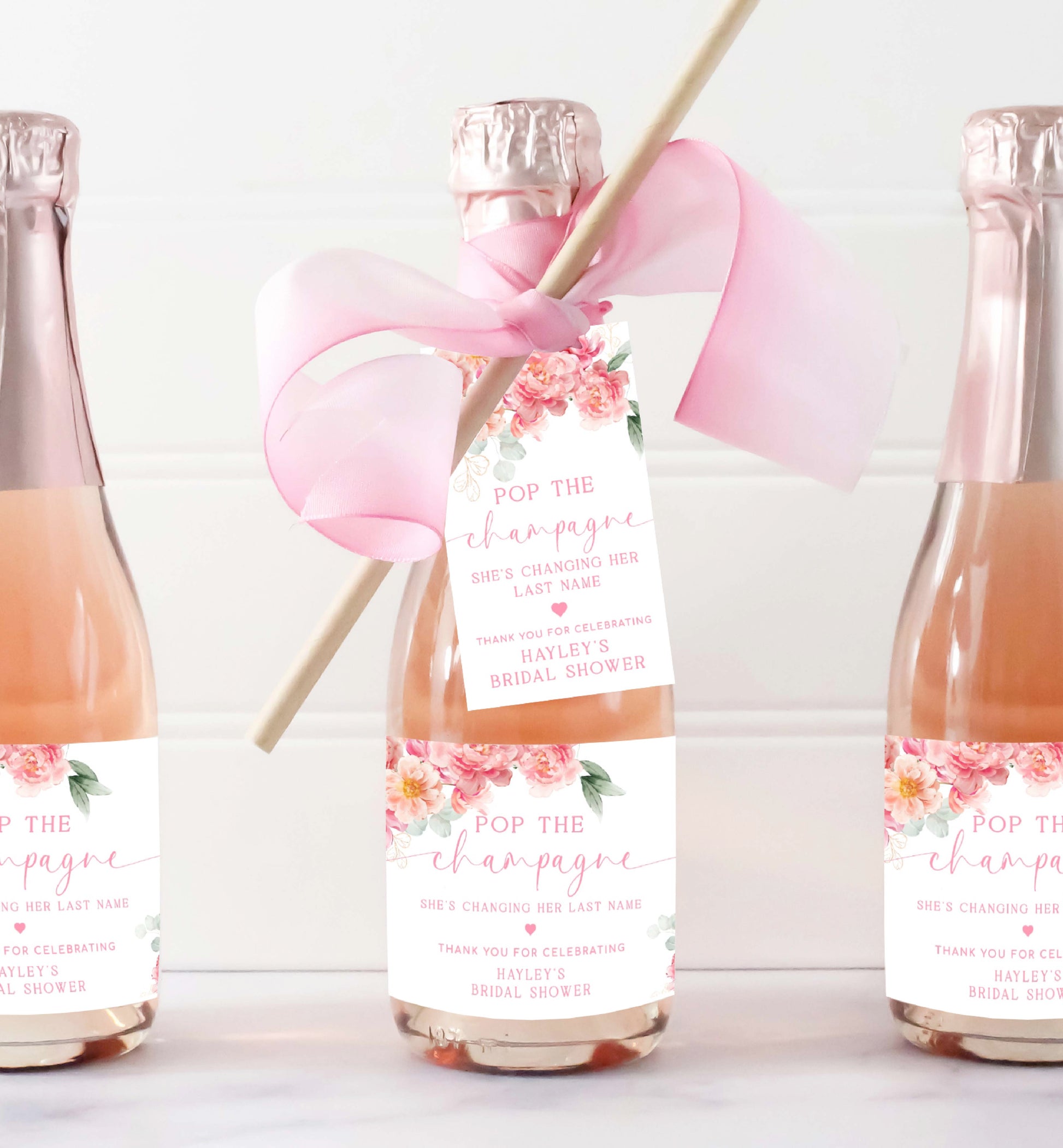 Pop The Champagne Bottle Printable Favor Tag, Blush Peony Flowers, Bridal Shower Changing Her Last Name Favor Tag, Mini Wine Bottle, Piper