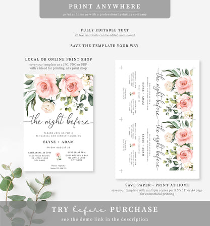 Darcy Floral Pink | Printable Rehearsal Dinner Invitation Template