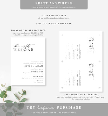 Ellesmere White | Printable Rehearsal Dinner Invitation Template