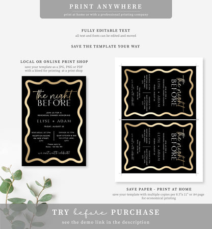 Wave Black Gold | Printable Rehearsal Dinner Invitation Template