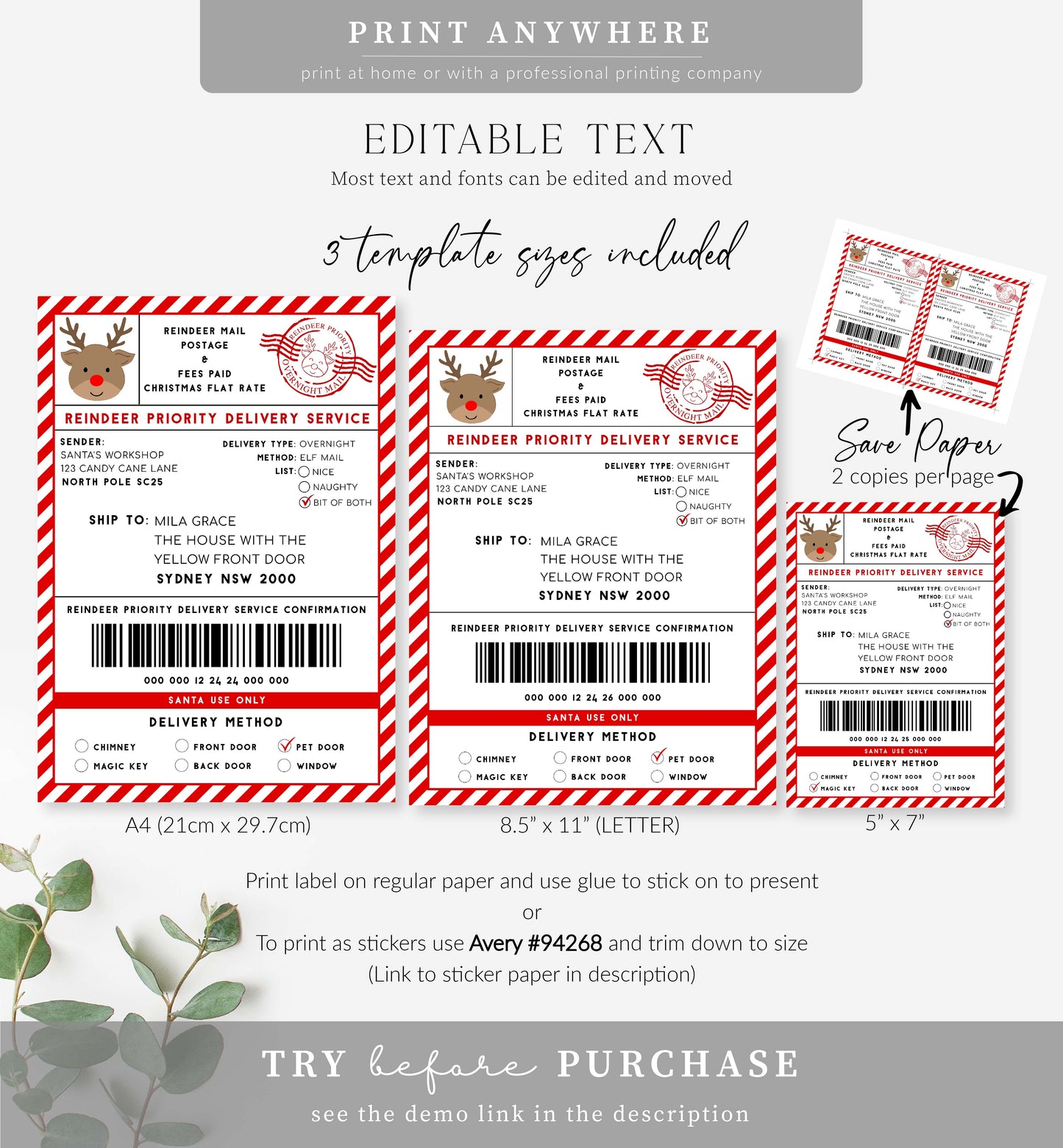 Santa's Workshop Red | Printable Reindeer Christmas Shipping Label Template