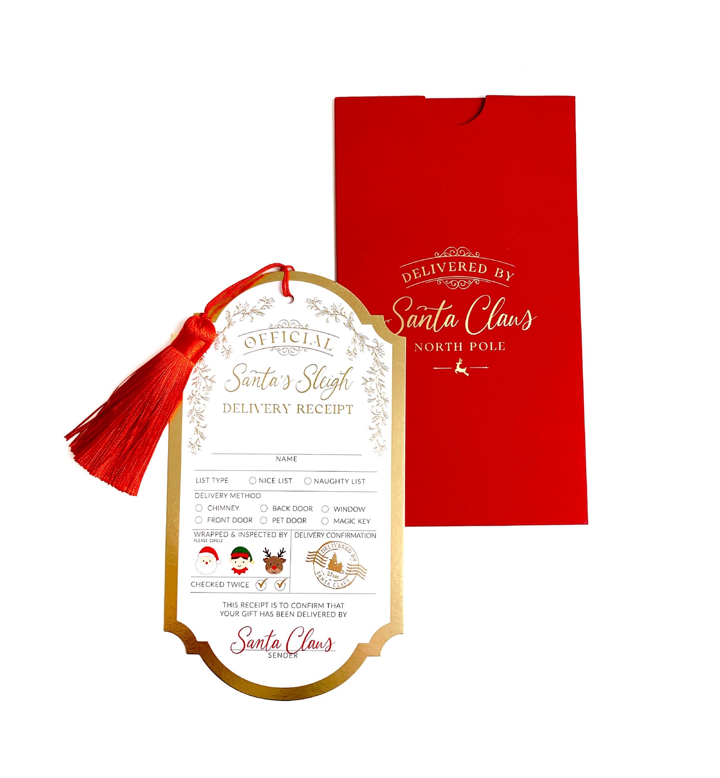 Santa's Sleigh Delivery Receipt Christmas Gift Tags, Red Envelope and Red Tassel, From Santa's Workshop Gift Tag Label, North Pole Gift Tag