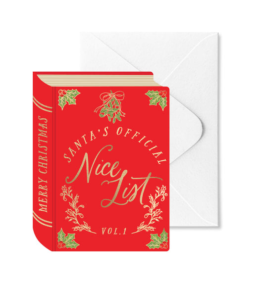 This die-cut Christmas card features a cute Santa's nice list book design. The card is blank inside ready for your message and includes a matching envelope.