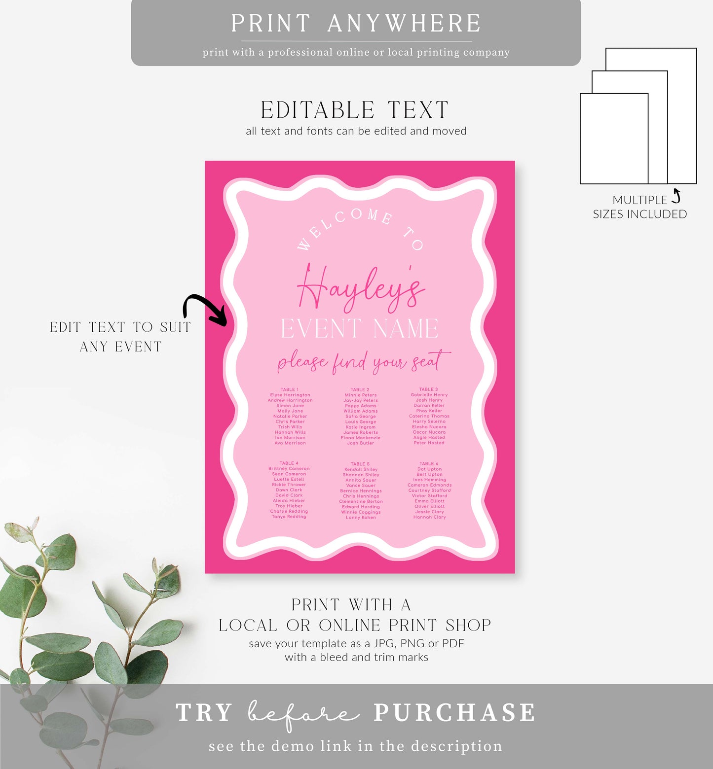 Wave Hot Pink | Printable Seating Chart Template