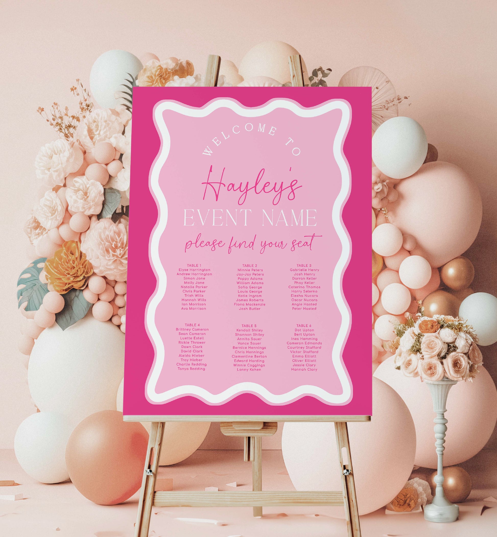 Editable Hot Pink Seating Chart Template, Baby Shower Seating Chart Template, Birthday Seating Chart Template, Bridal Shower Seating Plan Sign, Printable Hot Pink Wave Curvey Line, Bachelorette Party Poster, Hens Party