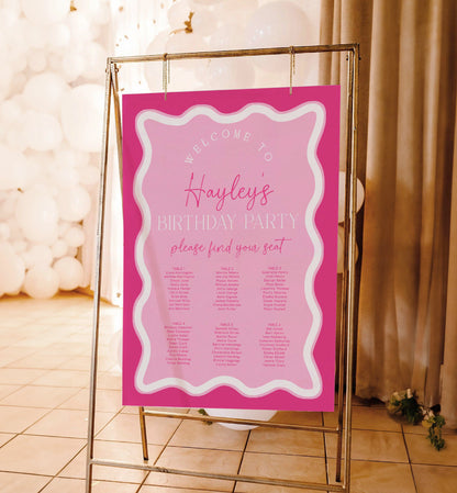 Editable Hot Pink Seating Chart Template, Baby Shower Seating Chart Template, Birthday Seating Chart Template, Bridal Shower Seating Plan Sign, Printable Hot Pink Wave Curvey Line, Bachelorette Party Poster, Hens Party