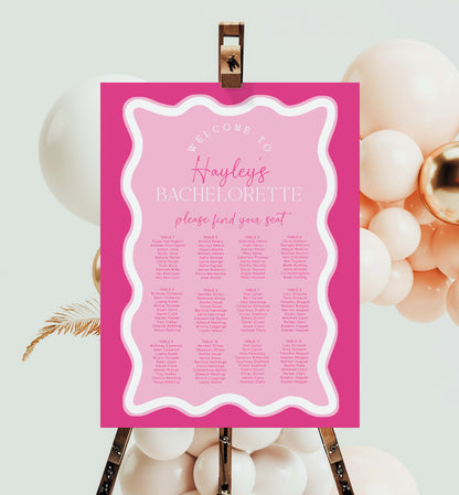 Editable Hot Pink Seating Chart Template, Baby Shower Seating Chart Template, Birthday Seating Chart Template, Bridal Shower Seating Plan Sign, Printable Hot Pink Wave Curvey Line, Bachelorette Party Poster, Hens Party