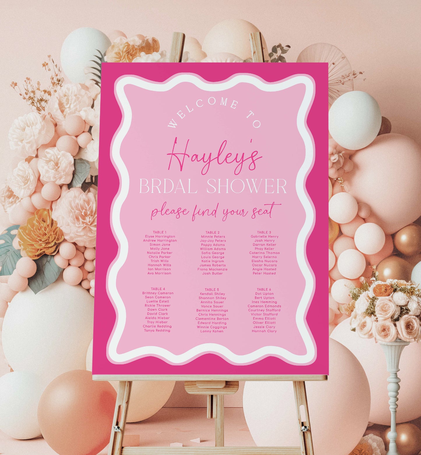 Editable Hot Pink Seating Chart Template, Baby Shower Seating Chart Template, Birthday Seating Chart Template, Bridal Shower Seating Plan Sign, Printable Hot Pink Wave Curvey Line, Bachelorette Party Poster, Hens Party