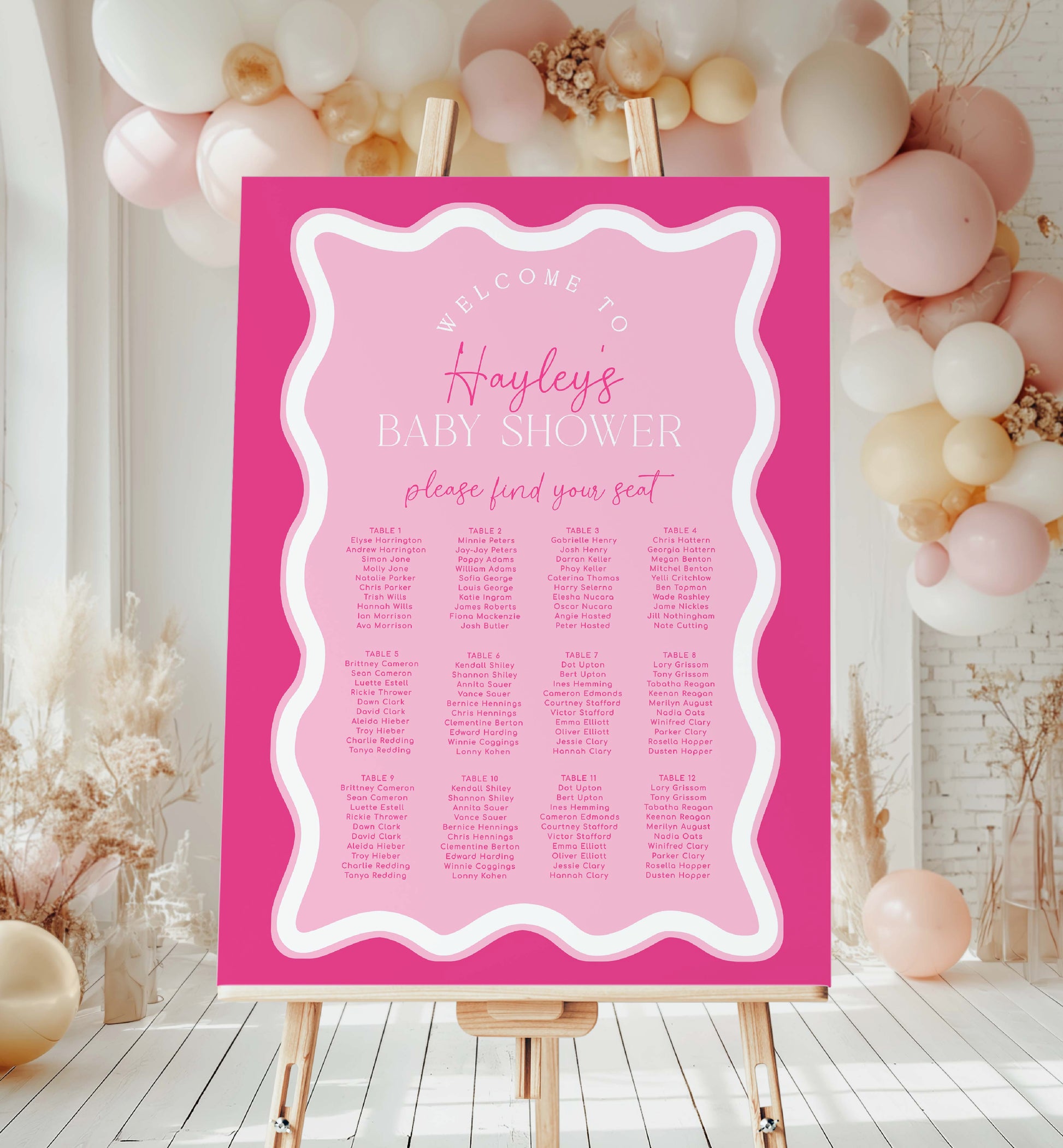 Editable Hot Pink Seating Chart Template, Baby Shower Seating Chart Template, Birthday Seating Chart Template, Bridal Shower Seating Plan Sign, Printable Hot Pink Wave Curvey Line, Bachelorette Party Poster, Hens Party