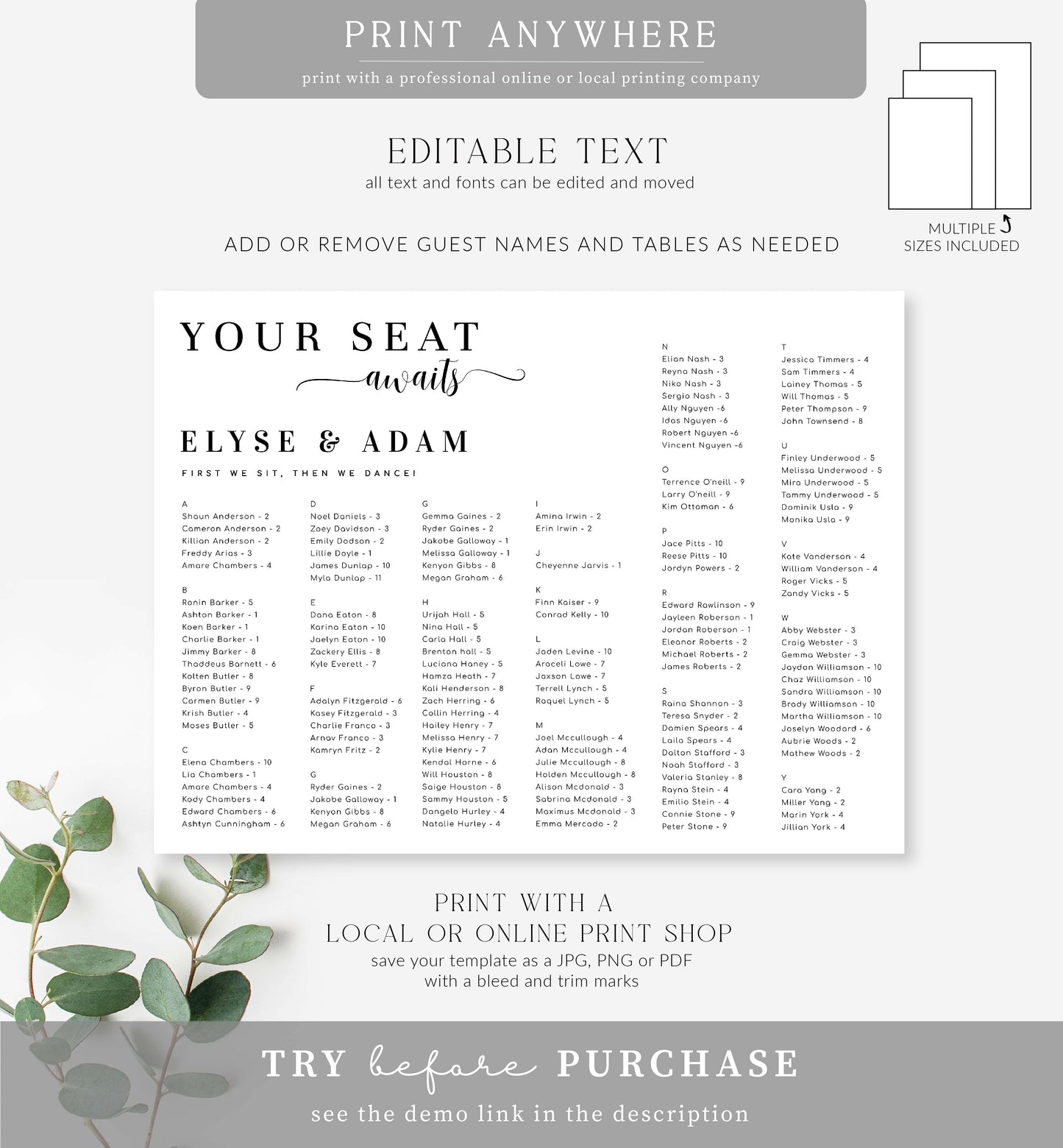 Leyton Script White | Printable Your Seat Awaits Seating Chart - Alphabetical