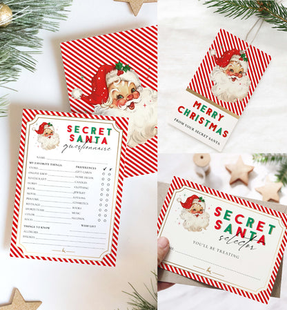 Stripe Red | Printable Secret Santa Questionnaire Bundle Template