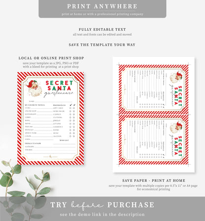 Stripe Red | Printable Secret Santa Questionnaire Bundle Template