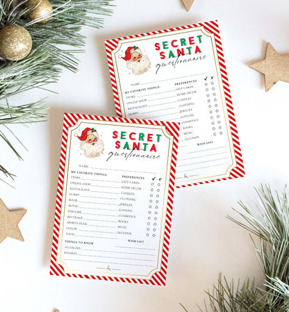 Stripe Red | Printable Secret Santa Questionnaire Bundle Template