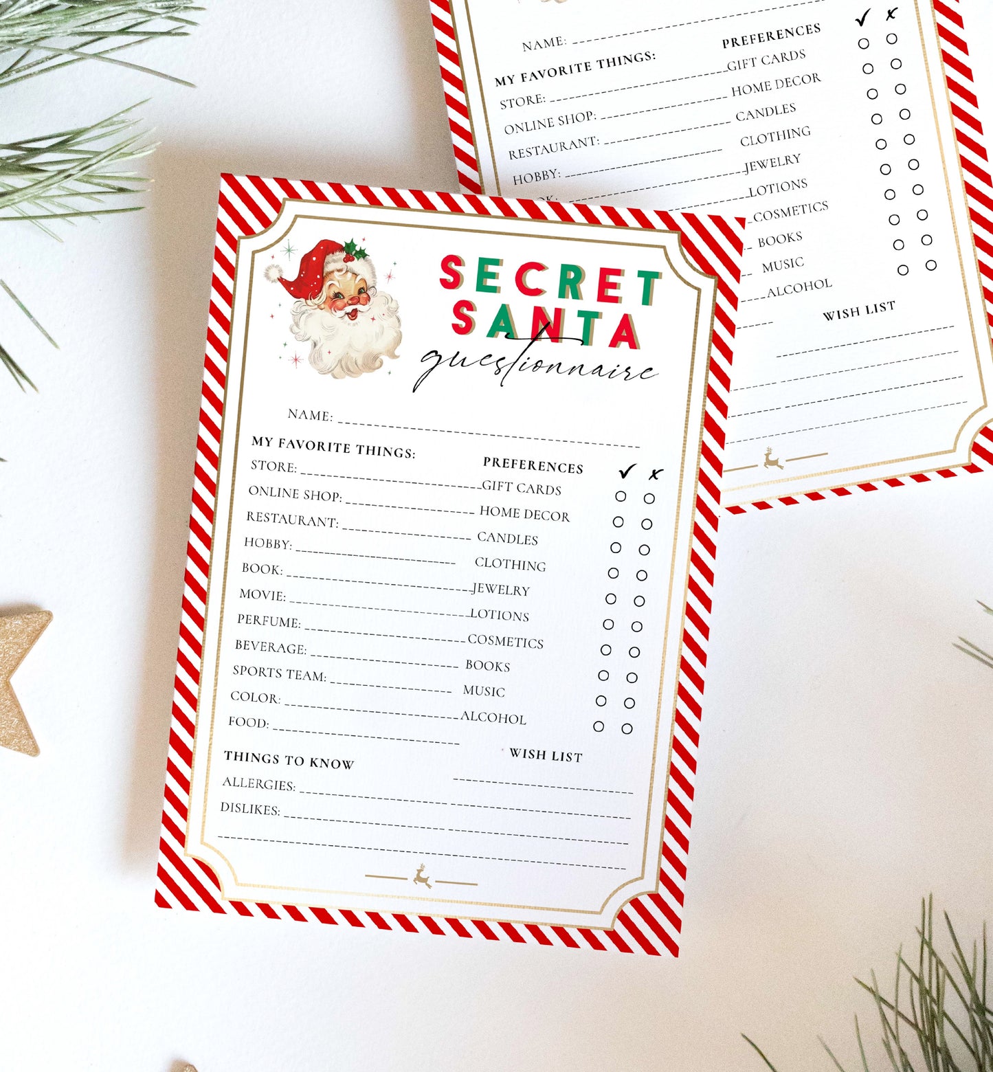 Stripe Red | Printable Secret Santa Questionnaire Bundle Template