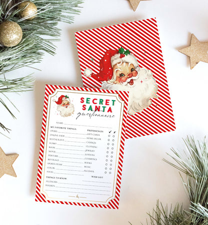 Stripe Red | Printable Secret Santa Questionnaire Bundle Template